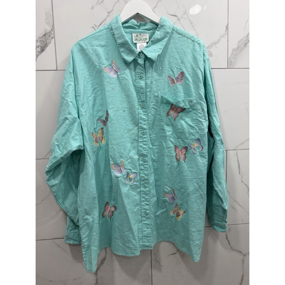 The Quaker Factory Womens Plus Embroidered Butterfly Teal Button Front Top 3XL